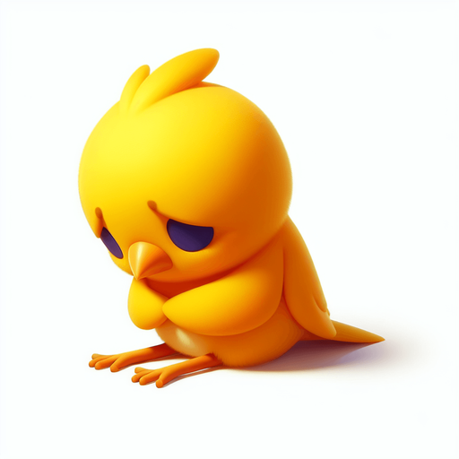 a little yellow bird, sad, sitting..
Single Game Texture. In-Game asset. 2d. Blank background. High contrast. No shadows.