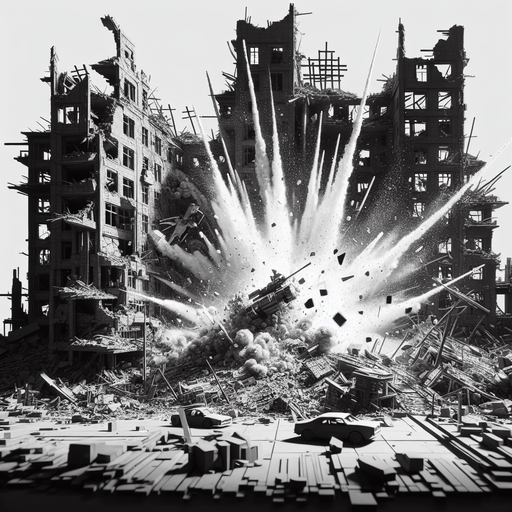 a city that is wartorn and has many explosoins and brocken buildings.
Single Game Texture.  In-Game asset.  2d.  Blank background.  High contrast.  No shadows