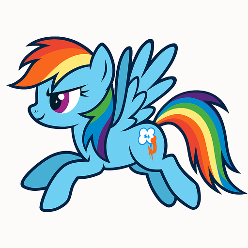 Rainbow Dash, flight position, 2D, side view.
In-Game asset.  2d.  High contrast.  No shadows