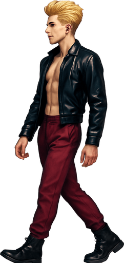 Same pose Limb positions variations, Front arm in front of body, front leg extended behind, back leg in front, limbs positions swapped, Swishy graceful man Cyberpunk manga, side profile view walking animation, shiny black leather biker jacket longsleeves shirtless Skinny abs blonde pompadour guy, wine red joggers combat boots, Background removed, "Full-body character, entirely in frame, no cropping of face, head, or feet" "Complete character visible, from head to toe, fully centered in the image" "Entire character, including face and boots, fully within the frame" Character fully contained within a square frame, no edges cut off fashion model idle pose