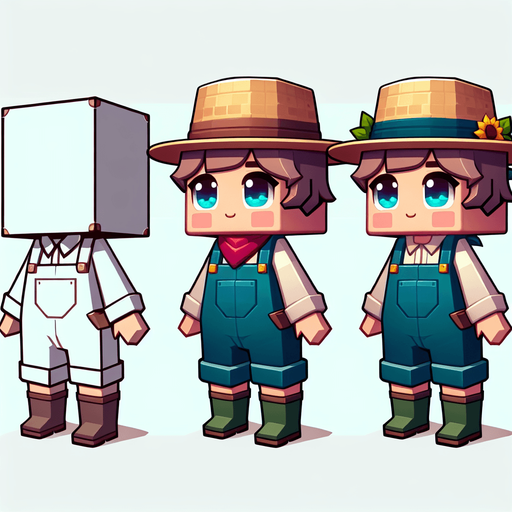 A little farmer that is comically square shaped..
Single Game Texture. In-Game asset. 2d. Blank background. High contrast. No shadows.