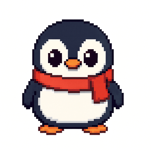 El pingüino debe ser un personaje tierno y redondeado, con cuerpo negro y blanco bien definido, picos y patas naranjas, y ojos grandes y expresivos que transmitan simpatía; puede llevar una bufanda roja o gorrito invernal como detalle extra, y debe tener una animación suave de balanceo lateral o parpadeo para darle vida; el estilo debe ser pixel art limpio, con trazos simples y colores vivos, y el fondo transparente para que se integre perfectamente en un juego casual y alegre.
In-Game asset.  2d.  High contrast.  No shadows