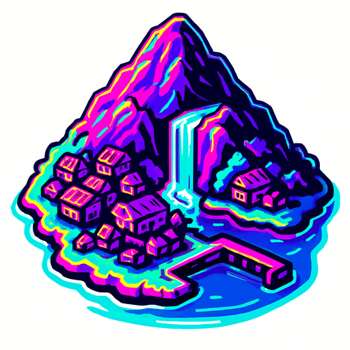 A small island centered with a large mountain taking up most of it with a waterfall on the south side and a fishing village just below it. Under the fishing village is a harbor with a single empty dock. The dock extends into a half open bay. 80s arcade machine inspire high definition graphics with 80s colored highlights. White background. Top down 3/4 view. 
In-Game asset.  2d.  High contrast.  No shadows