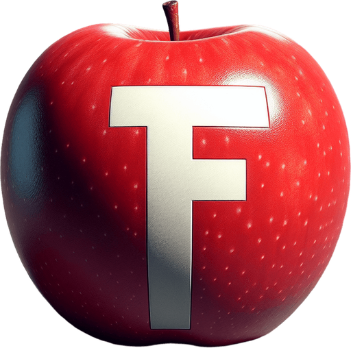 a white "F" on a red apple..
Single Game Texture. In-Game asset. 2d. Blank background. High contrast. No shadows.