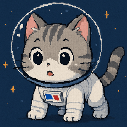 A cute kitten, illustrated in an adorable chibi anime style and wearing an astronaut suit, stands on all fours in outer space with a wide-eyed, surprised expression. Its body is slightly tense, as if it just saw something unexpected.