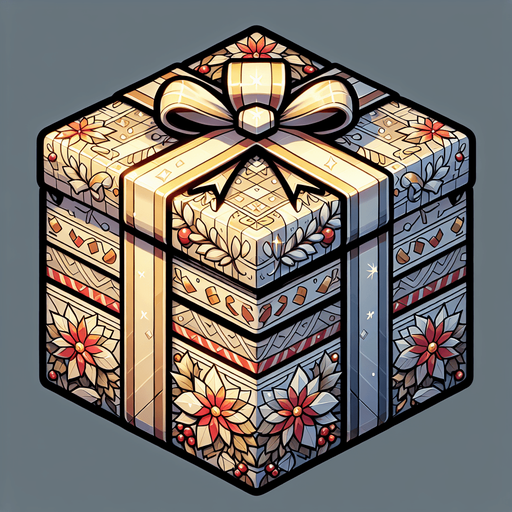 a christmas gift in beautiful glowing wrapping paper Single Game Texture. In-Game asset. 2d. Blank background. High contrast. No shadows.