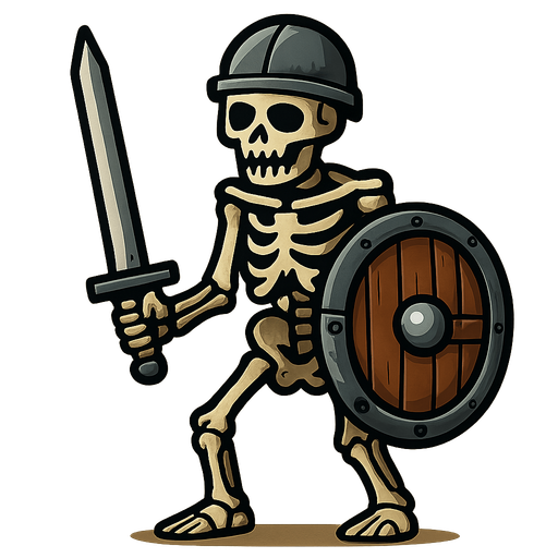 Skeleton with Iron sword, iron helmet and a Reinforced wooden shield.
In-Game asset.  2d.  High contrast.  No shadows