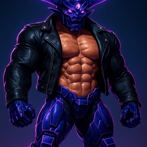 Black leather biker jacket longsleeves shirtless muscles pecs abs hunky demon cyborg robot mecha cyberpunk neon manga futuristic monster stud beefcake