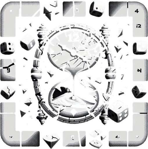 A clock face or hourglass that is visibly cracked or shattering. Could also be a die symbol mid-roll or showing multiple faces at once..
Single Game Texture.  In-Game asset.  2d.  Blank background.  High contrast.  No shadows