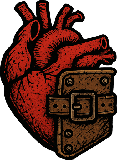 The hearts will be in a slightly old Mad Max style look and half will be inside the leather case.
In-Game asset.  2d.  High contrast.  No shadows