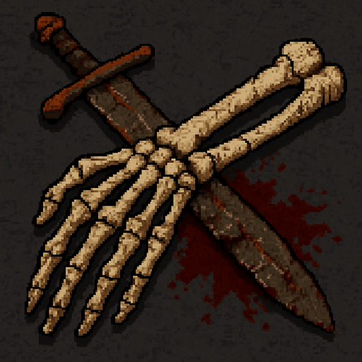 “Top-down 2D pixel art of a massive severed skeleton arm holding a giant sword. The bones are thick, cracked, and aged, with broken joints and shattered ends. The sword is still gripped tightly in the skeletal hand, rusted and chipped. Blood stains or dark magic aura may be present around the broken area. Designed as an environment object or game sprite for a dark fantasy pixel art game.”.
In-Game asset.  2d.  High contrast.  No shadows