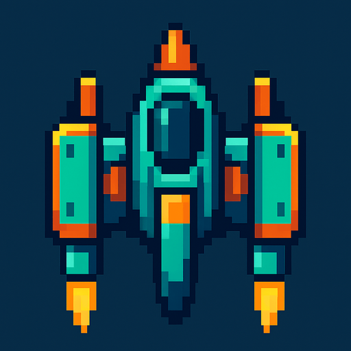 pixel shaceship facing foward.
In-Game asset.  2d.  High contrast.  No shadows