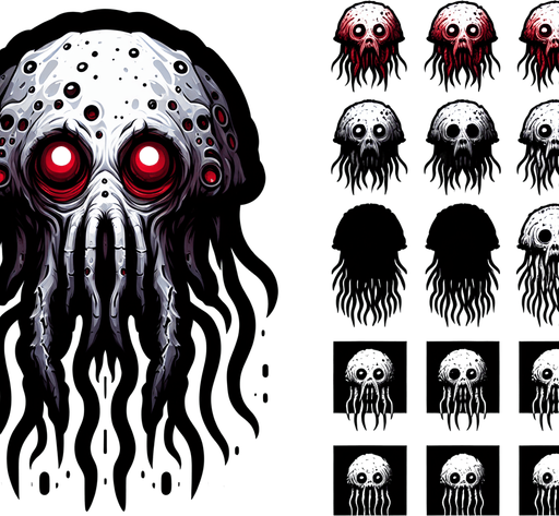 korkunç denizanası.
Single Game Texture.  In-Game asset.  2d.  Blank background.  High contrast.  No shadows