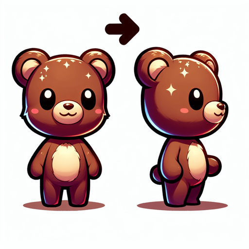 A cute brown teddy bear from his right profile, standing, looking to the right direction and smiling with his hands in front of him. Feeric style. No background. No shadows. No back light. High contrast. Single Game Texture. In-Game asset. 2d.
