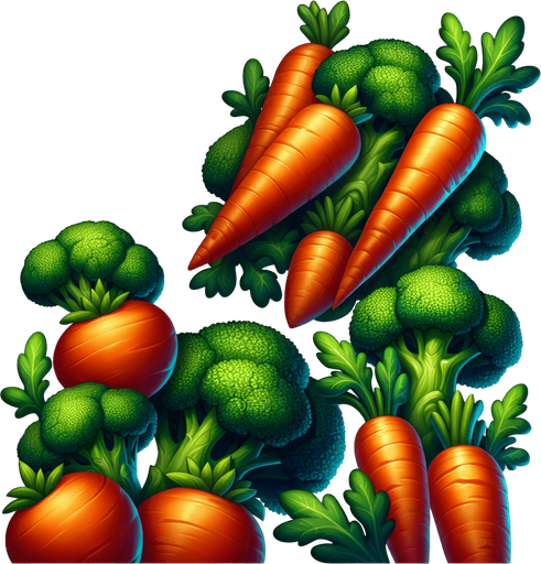 carrots and brocolli.
Single Game Texture. In-Game asset. 2d. Blank background. High contrast. No shadows.
