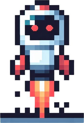 AI robo rocket pointing downward, pixelated. flat. 8 bit..
Single Game Texture. In-Game asset. 2d. Blank background. High contrast. No shadows.