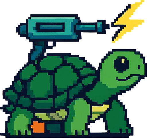 a turtle with a lightning bolt gun on her shell, pixelart.
In-Game asset.  2d.  High contrast.  No shadows