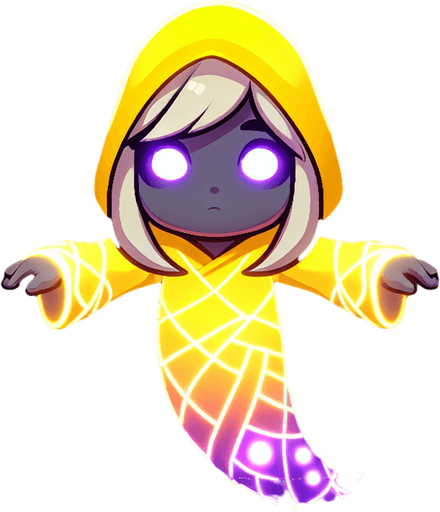 Doll fyn glowing yellow and purple.
Single Game Texture. In-Game asset. 2d. Blank background. High contrast. No shadows.