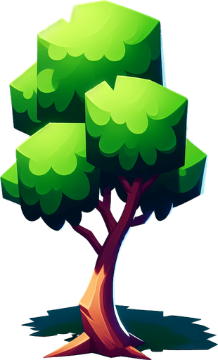 cartoony art style single tree.
In-Game asset.    Blank background.  High contrast.