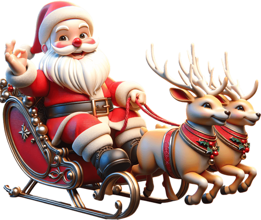 Provile view of Santa clauss in his sleigh with reindeer, smiling and making a sign with his hand game Asset. High contrast. No shadows.