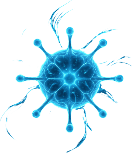 sleek spectral virus entity, flowing energy trails, ghostly and translucent, topdown view, neon blue and white accents, glitch particles, sci-fi, circular, symmetrical.
In-Game asset.  2d.  High contrast.  No shadows