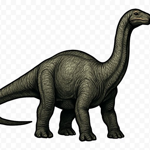A large, realistic Apatosaurus dinosaur depicted in a neutral standing pose on a transparent background. It has a long, thick neck and a massive, sturdy body covered in textured grayish-green scales. The dinosaur’s skin shows wrinkles and subtle roughness, with detailed muscle structure beneath. Its long tail extends straight behind, balancing the heavy body. The head is small compared to its body, with gentle eyes and a blunt snout. The overall look is calm but powerful, emphasizing the enormous size and strength of this giant herbivore..
In-Game asset.  2d.  High contrast.  No shadows