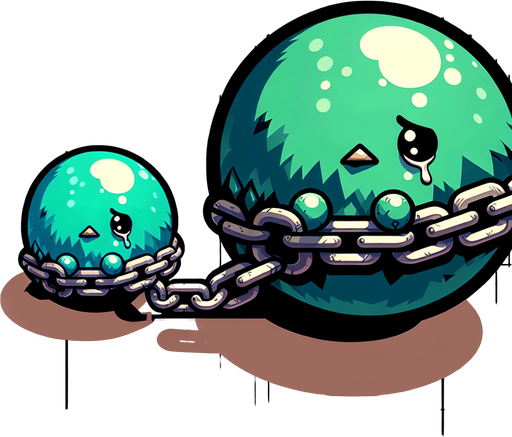 A sad little green bird sitting in ball chain..
Single Game Texture. In-Game asset. 2d. Blank background. High contrast. No shadows.
