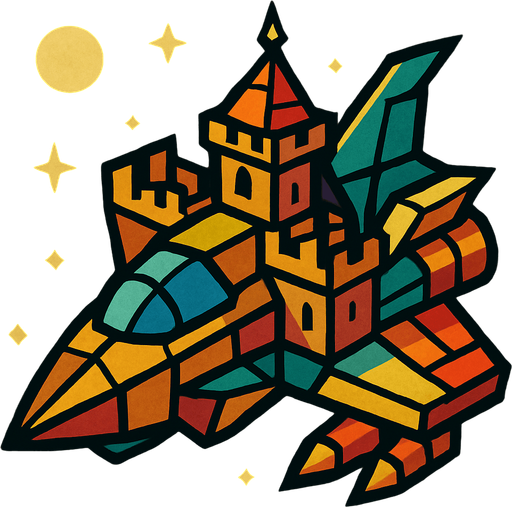 Ortaçağ tarzında bir uzay gemisi çiz ve çizim tarzıda kübizm olsun.
In-Game asset.  2d.  High contrast.  No shadows