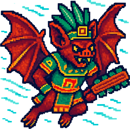 Generame un guerrero azteca con patrones, estilo pixelar, además será Murciélago frugívoro, unidad voladora con alas, con efectos de viento. Tiene que ser un animal..
In-Game asset.  2d.  High contrast.  No shadows