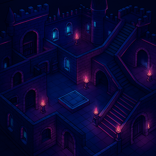 Top down isometric neon cyberpunk castle mansion interior dungeon background large