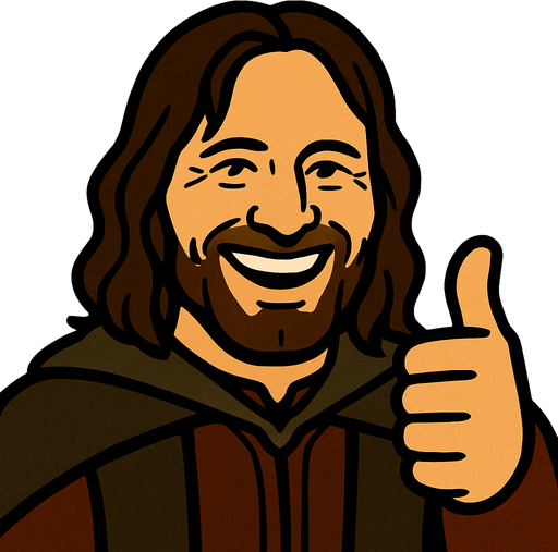 Tamamen aynı sanatsal formda ama parmağını yukarı kaldırıp gülen ARAGORN olacak