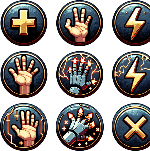 create a sprite sheet of 6 buttons, the first hand icon with a +, hand icon with an electricity icon, another with a golden hand, another with a hand and an ×, and one with a hand icon, written max.
Single Game Texture.  In-Game asset.  2d.  Blank background.  High contrast.  No shadows