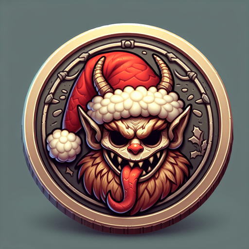 krampus with a christmas hat coin embossed on it png.
Single Game Texture. In-Game asset. 2d. Blank background. High contrast. No shadows.