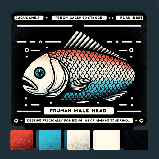 A fish with an Human male weird head in color in a realistic style.
Single Game Texture. In-Game asset. 2d. Blank background. High contrast. No shadows.