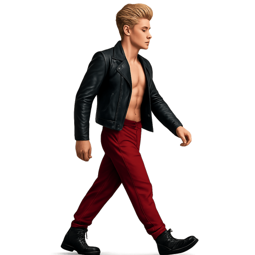 Same pose profile view walking animation, shiny black leather biker jacket longsleeves shirtless Skinny abs blonde pompadour guy, wine red joggers combat boots, Background removed, "Full-body character, entirely in frame, no cropping of face, head, or feet" "Complete character visible, from head to toe, fully centered in the image" "Entire character, including face and boots, fully within the frame" Character fully contained within a square frame, no edges cut off fashion model idle pose