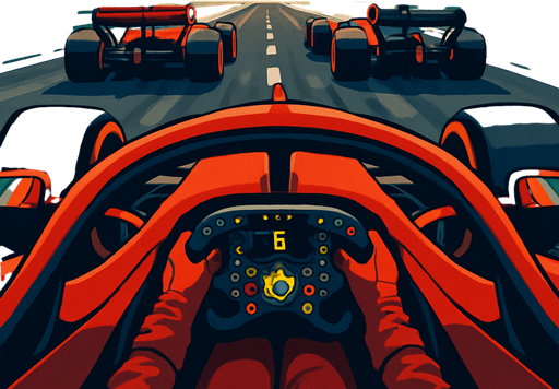 formula 1 start line Only two vehicles in front (from the driver's perspective inside the car).(Don't let the lights show) in the ferrari car. (look like a quality animation)
. High contrast.