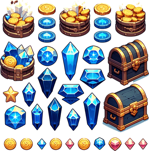 нужны ерасивые монеты, кристаллы, сундуки с кристаллами, всё это должно соответсвовать небесной тематике.
Single Game Texture. In-Game asset. 2d. Blank background. High contrast. No shadows.