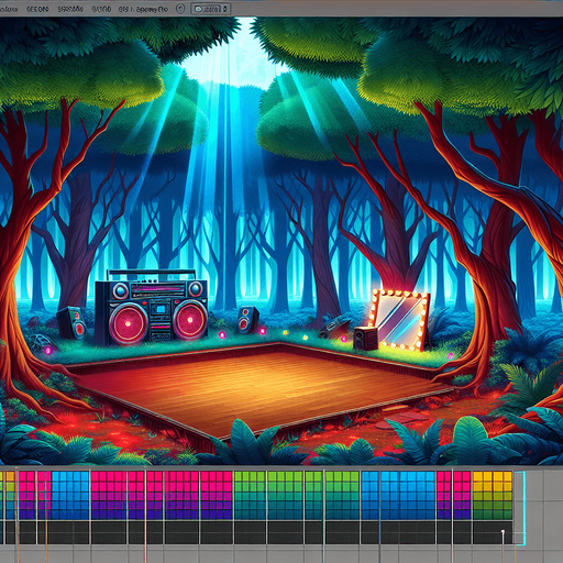 A forest with boombox, dance floor and mirror Single Game Texture. In-Game asset. 2d. Blank background. High contrast. No shadows.