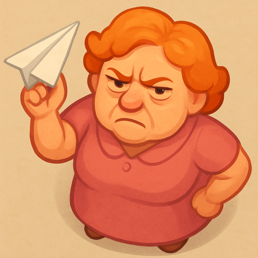 A lady ready to throw a paper plane. She has a pink dress and orange hair. She looks like she has been working in an office for 40 years. Make her look annoyed. Cute soft graphics. soft ambient light. semi-matte to satin surfaces. naturalistic with slight saturation boost colors. 
In-Game asset.  2d.  High contrast.  No shadows. top down. View from above.