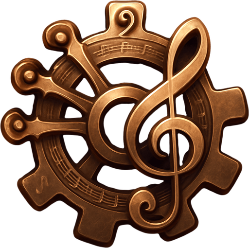 Design an icon for the Settings menu in a fantasy tower defense game set in a haunted concert hall. The icon should be a stylized gear or cogwheel, but with a musical twist: integrate treble clefs, tuning pegs, or parts of old instruments (like violin scrolls or piano strings) into the gear design.

Use metallic textures (bronze, dark gold, or polished silver), with soft magical glow or engraved music notes along the edges.
Background should be subtle—deep velvet or dark wood, with ambient lighting to highlight the gear.

Icon must be square (256×256 px), readable at small sizes, and include no text.
Style: elegant, orchestral fantasy UI—matching the tone of a classical concert hall with magical elements..
In-Game asset.  2d.  High contrast.  No shadows