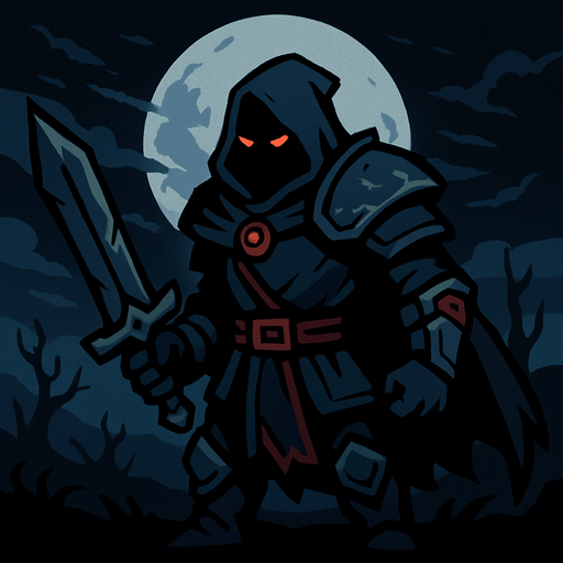 A dark fantasy night 2d a game hero.
In-Game asset.  2d.  High contrast.  No shadows