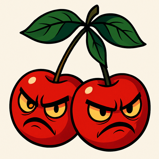 La Petacereza es un par de cerezas gemelas de un rojo intenso y brillante, unidas por sus delgados tallos que se juntan en una pequeña ramita coronada por tres hojas verdes oscuras. Cada fruto tiene rasgos agresivos: ojos amarillentos con iris rojizos y cejas fruncidas, y bocas torcidas en muecas de enfado que sugieren su inminente explosión. Sus superficies lucen suaves, con leves reflejos que acentúan su redondez perfecta..
In-Game asset.  2d.  High contrast.  No shadows