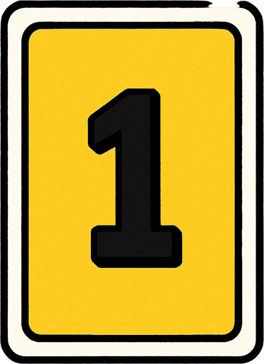 Rectangular card numbered 1, with a white border around it and a yellow background..
In-Game asset.  2d.  High contrast.  No shadows
