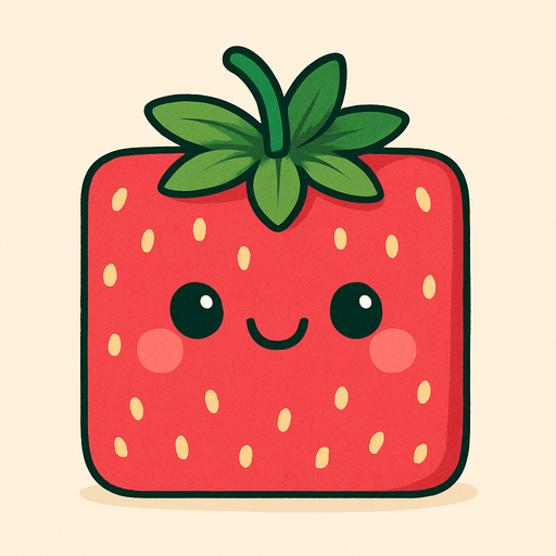 Perfectly square bright rose red stawberry with cute happyy face. Cartoon style. Cute art style. Simple vector style. 2d
