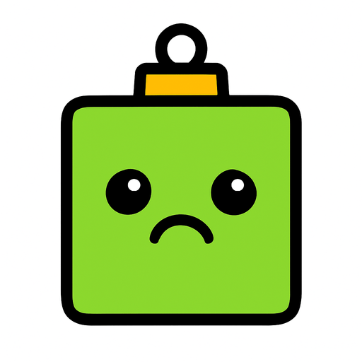 a sad perfectly square bright green Christmas decoration with cute happyy face. Cartoon style. Cute art style. Simple vector style. No Shadows.
In-Game asset.  2d.  High contrast.  No shadows