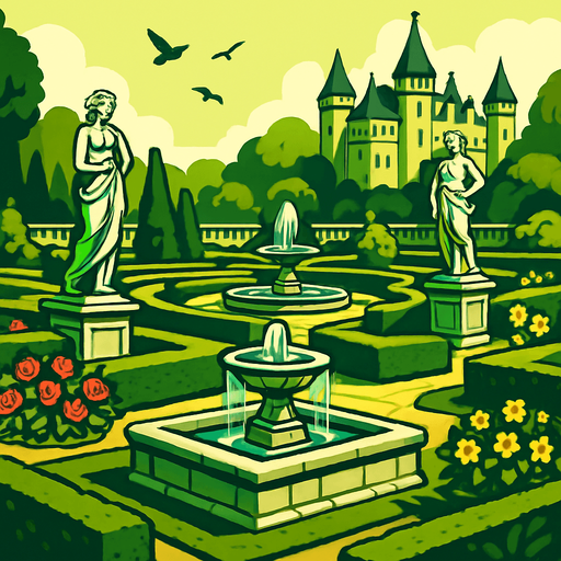 A royal medieval garden with trimmed hedges, stone fountains, blooming flowers and marble statues, birds chirping under the morning sun.
In-Game asset.  2d.  High contrast.  No shadows