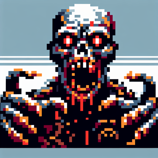 Make it a 8 bit zombie that is menacing.
Single Game Texture.  In-Game asset.  2d.  Blank background.  High contrast.  No shadows