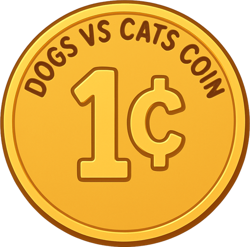 A golden shining coin with the words “dogs vs cats coin” at the top and the coin says “1¢” . No background. Transparent background. Blank background. No shadows. 2d. In-Game asset. flat