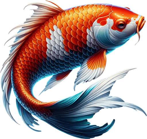 A realistic koyfish swiming to the right.
Single Game Texture. In-Game asset. 2d. Blank background. High contrast. No shadows.