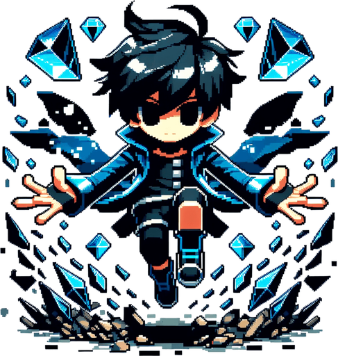 pixel person with black hair, black pants, black eyes, and blue clothes making a V with hands jumping in a rain of diamonds.
Single Game Texture.  In-Game asset.  2d.  Blank background.  High contrast.  No shadows
